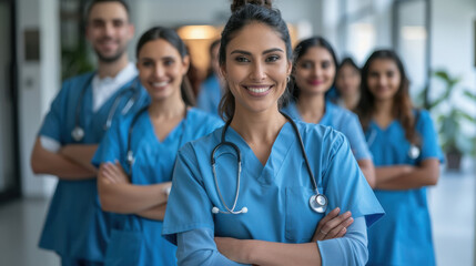 Confident medical indian staff team with doctor nurse and healthcare specialist professions people in hospital