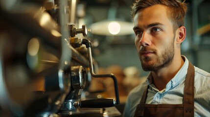 Naklejka premium Handsome young man in apron looking at professional coffee roasting equipment while standing by control panel : Generative AI