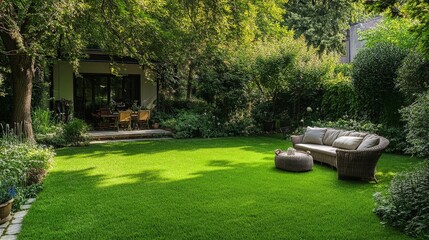 A peaceful backyard garden with a green, well-manicured lawn and a cozy seating area. The soft grass and the comfortable outdoor furniture create a perfect space for relaxation