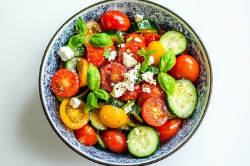 Show a bowl of vibrant cherry tomato and cucumber salad with feta cheese, placed on a white surface.