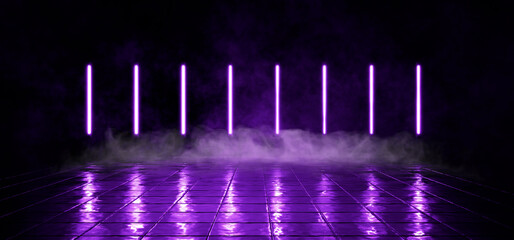 Black background. Smoke or fog on dark wet tile background. Garage or hangar with purple neon light. Dark street with fog or smoke. Cement floor with fog and smoke. 3D rendering.