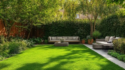 A peaceful backyard garden with a green, well-manicured lawn and a cozy seating area. The soft grass and the comfortable outdoor furniture create a perfect space for relaxation