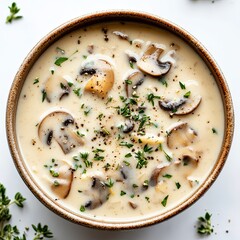 Create an image of a bowl of creamy mushroom soup with a sprinkle of fresh herbs, on a clean white backdrop.