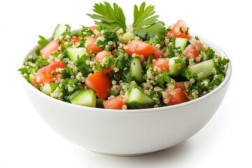 Feature a bowl of zesty quinoa tabbouleh with parsley, tomatoes, and cucumbers, set against a pure white background.