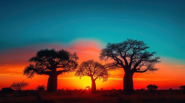Stunning silhouette of baobab trees against a vibrant sunset, showcasing a blend of warm colors in a serene landscape.
