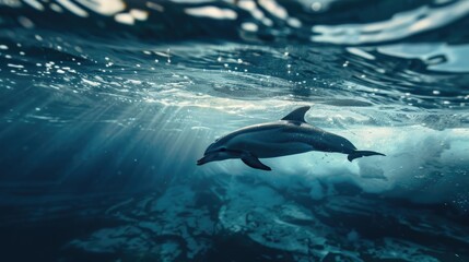 Fototapeta premium Dolphin swimming underwater with sunbeams shining through the water