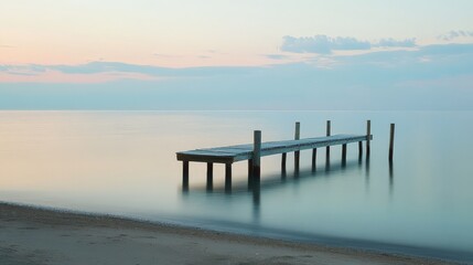 Obraz premium A peaceful beach with a small wooden pier extending into the water. The calm, reflective surface of the ocean and the soft light of sunset create a serene and contemplative scene