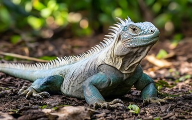 Obraz premium A blue iguana with a spiky back and sharp claws is lying on the ground with a blurred green background.