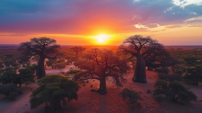 Stunning sunset over a landscape featuring majestic baobab trees, showcasing nature's beauty in vibrant colors and serene atmosphere.