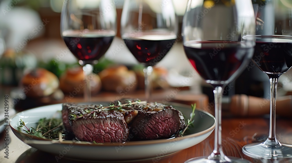 Poster table setting with plate of beef with glasses of red wine : Generative AI