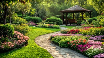A peaceful garden with neatly arranged flower beds, a stone path winding through greenery, and a cozy seating area under a gazebo
