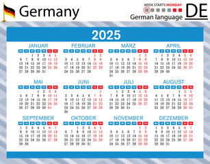 German horizontal pocket calendar for 2025. Week starts Monday