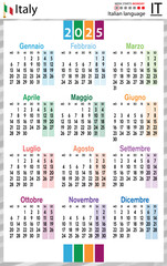 Italian vertical pocket calendar for 2025. Week starts Monday