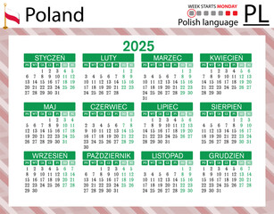 Polish horizontal pocket calendar for 2025. Week starts Monday