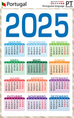 Portuguese vertical pocket calendar for 2025. Week starts Monday