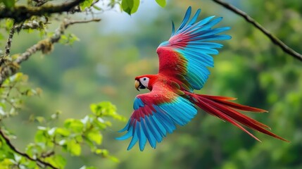A scarlet macaw with bright blue and red feathers flies past a branch in a tropical jungle.