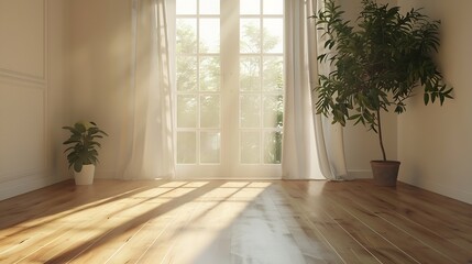 Fototapeta premium 3d rendering picture of an empty living room with sunlight shine through a sliding door wooden floor white wall Renovate New house Home loan Property Background Mockup Backdrop Adverti : Generative AI