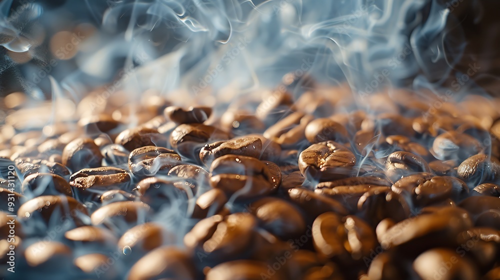 Poster coffee beans roasting with smoke selective focus and soft focus : generative ai