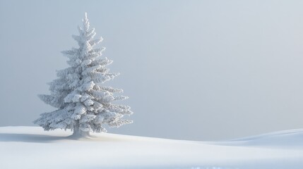 A peaceful winter scene with a lone pine tree covered in snow. The snow-dusted branches and the surrounding snow-covered ground create a tranquil and picturesque winter landscape.