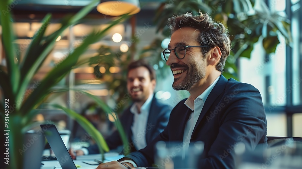 Poster Businessmen sitting in office and having online conference with employees via TV screen Connecting with colleagues remotely Concept of business teamwork cooperation with colleagues : Generative AI