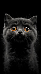Fototapeta premium A black cat with orange eyes is staring at the camera. The cat's eyes are wide open, and it is curious or surprised. The image has a mysterious and intriguing mood
