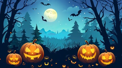 Happy Halloween with pumpkins on a spooky forest at night
