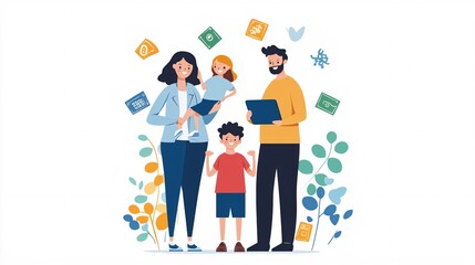 Fototapeta premium Family using a digital wallet together, representing shared finances and digital banking for all ages, Wallet family shared, Inclusive digital finance