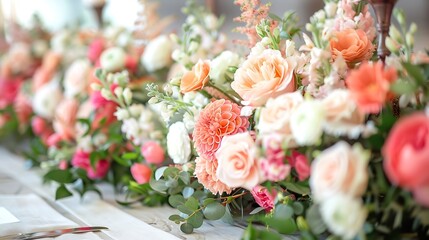 Obraz premium Head table at wedding reception decorated with beautiful floral arrangements : Generative AI