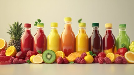 Colorful fruit juices in bottles surrounded by fresh fruits. A vibrant display of flavors and nutrition.