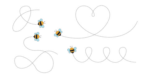 Cartoon Bee Flying on a Dotted Route. Vector illustration isolated on background.