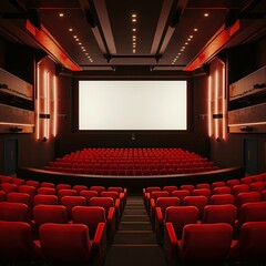 Fototapeta premium Empty cinema movie theater with blank screen and red seats.