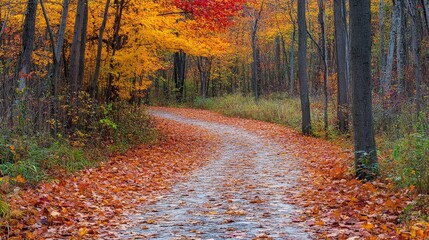Naklejka premium A picturesque forest path covered in a blanket of autumn leaves. The trail winds through a canopy