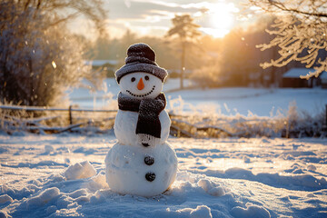 Obraz premium Christmas greeting card with bright winter holiday snowman and New Year background