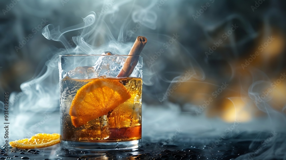 Poster smoked old fashioned rum cocktail or whiskey with ice and cinnamon stick on old black rocks with sli