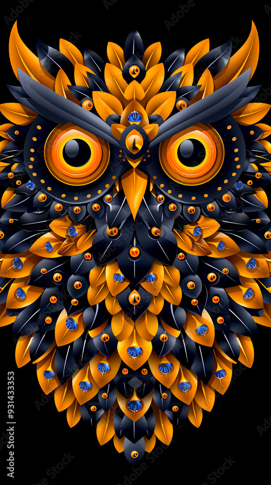 Sticker a colorful owl with black and orange feathers