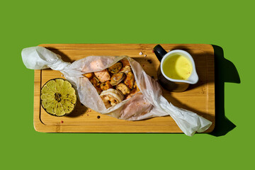 A minimalist food photography of healthy seafood dish. Various seafood, including salmon and shrimp