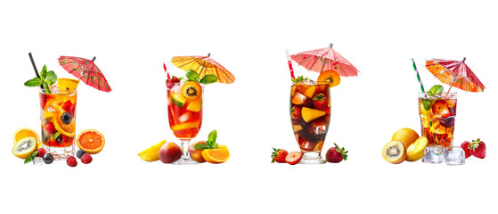 Fototapeta premium set fruit pimero cocktail with umbrella, fresh fruits, and ice cubes isolated on a white background.