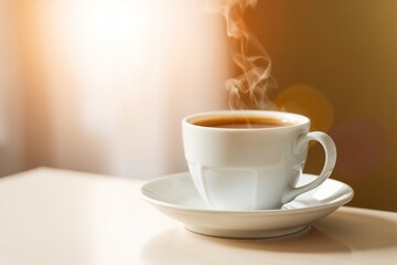 A cup of steaming hot coffee on a wooden table, creating a warm and inviting atmosphere, perfect for morning and relaxation concepts.