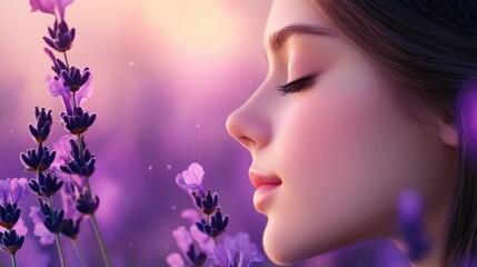 Naklejka premium A woman's peaceful face is seen in close-up as she enjoys the scent of lavender flowers, embraced by a dreamy, soft-focus background in shades of purple and pink, ideal for wellness, relaxation