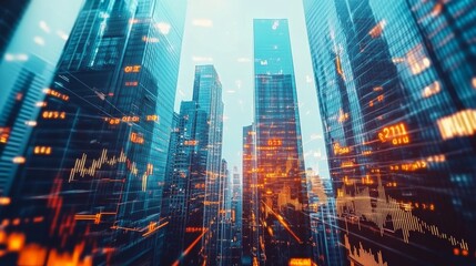 Fototapeta premium A unique and impactful image that combines the physical landscape of city skyscrapers with abstract financial data, creating a dynamic representation of the real estate investment landscape.