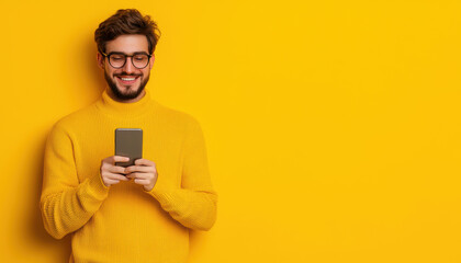 Smiling young man in a yellow sweater using a smartphone against a vibrant yellow background. Modern, happy, and connected lifestyle concept.