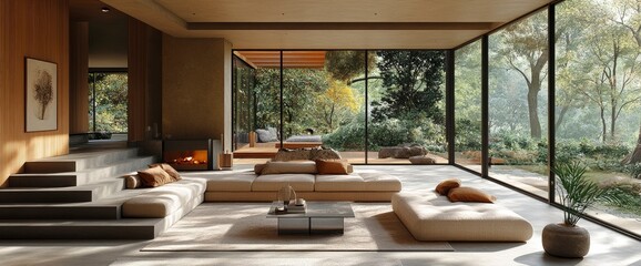Fototapeta premium Minimalist Living Room, Sleek Furniture, Neutral Tones, Clean Lines, Modern Elegance