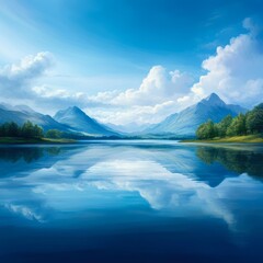 A serene lake reflects majestic mountains and fluffy clouds, perfect for nature, travel, and relaxation content, Use for desktop wallpapers, posters, or environmental campaigns,