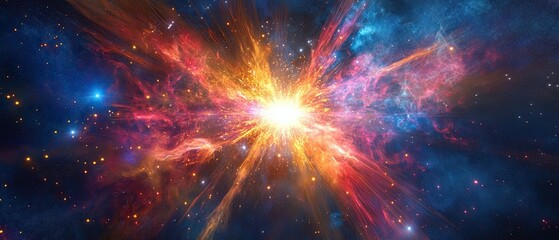 Fototapeta premium Abstract representation of a powerful idea sparking with colorful bursts of light and energy radiating from a central source set against a deep blue canvas