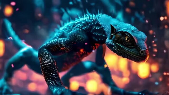 Polymorphic in the form of running lizards in the cyberpunk style. Video generative AI