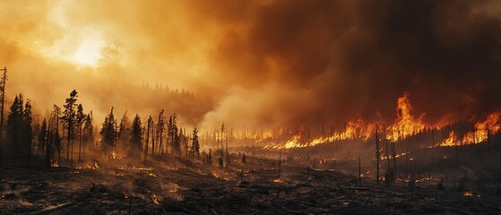 Climate crisis consequences shown with wildfires smoke-filled skies and destroyed habitats emphasizing the dire need for climate resilience