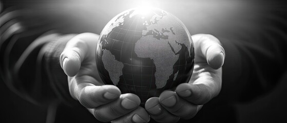 Black and white 3D globe of sustainability held by hands with polished textures and striking light reflections