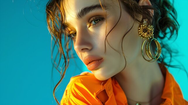 Chic modern style Elegant young woman wearing sarin shirt and golden luxurious jewelry against blue background in neon light Concept of modern fashion trendy style beauty youth culture : Generative AI