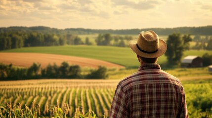 A farmer stands contentedly, gazing out over vibrant fields under a golden sunset, appreciating the abundance of nature
