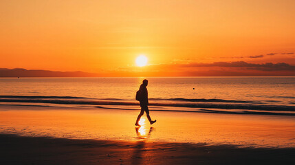 silhouette of a person walking on the calm beach during orange sky sunset